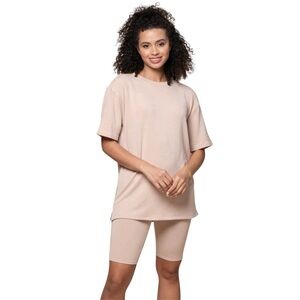 Simplee Solid Beige Super Soft Oversized Crewneck T-Shirt & Biker Shorts Set
